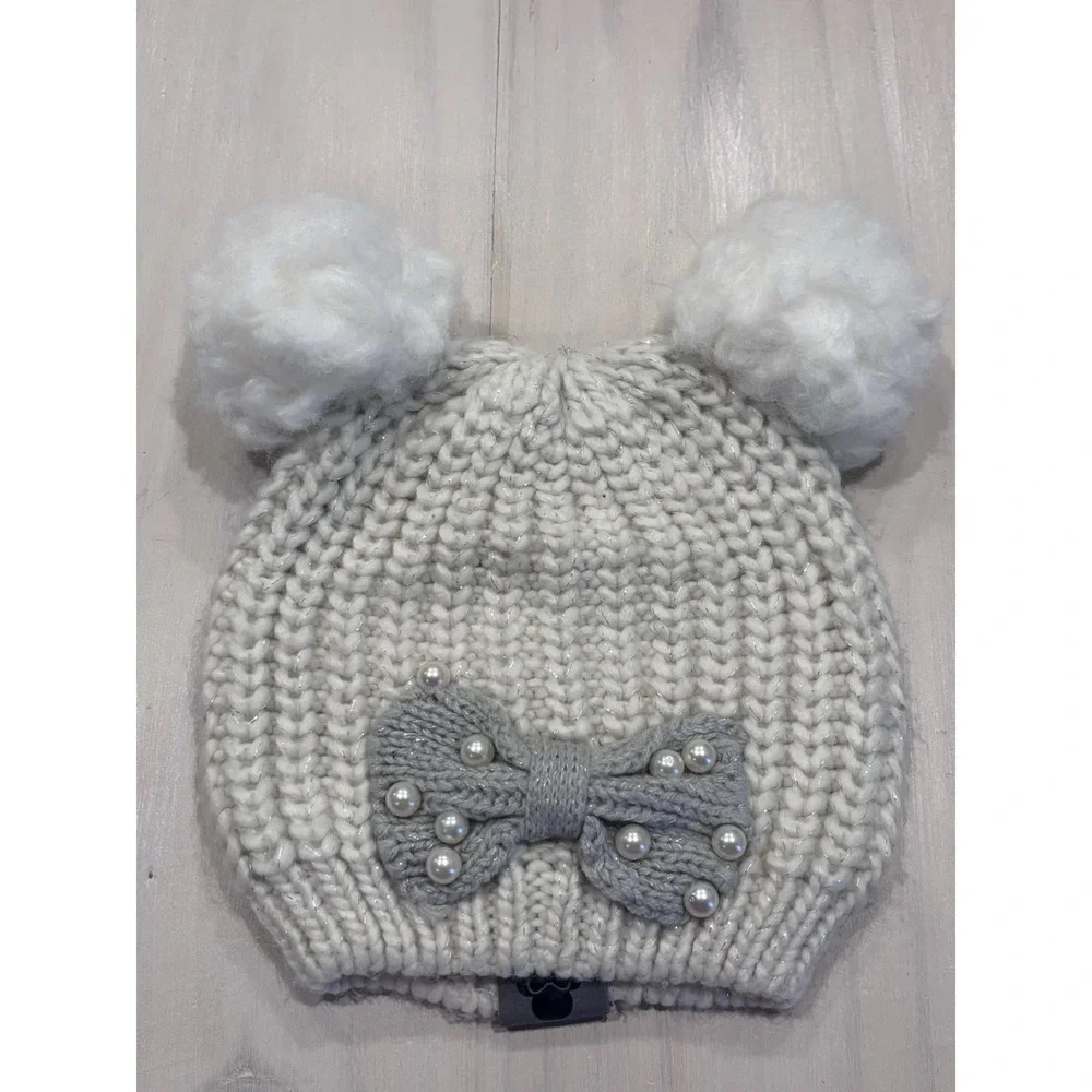 Disney Parks Adult Cream Knit Beanie Hat‎ Faux Fur Pom Poms Bow One Size